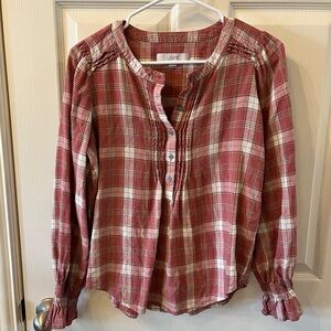 LOFT Pink Plaid Blouse with Smocking and Ruffle Details, Size Small